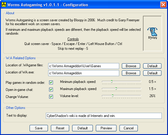 Screenshot of Worms Autogaming's configuration window.